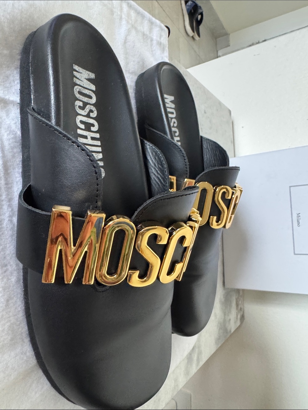 Sandal-like slippers with MOSCHINO gold hardware